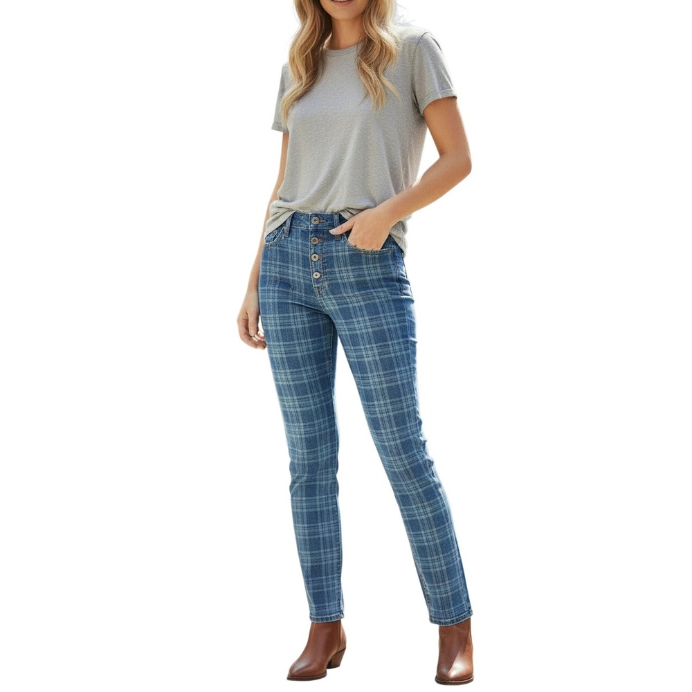 Levi's Premium Wedgie Straight‎ Jeans Plaid Blue High Rise Button Fly W25